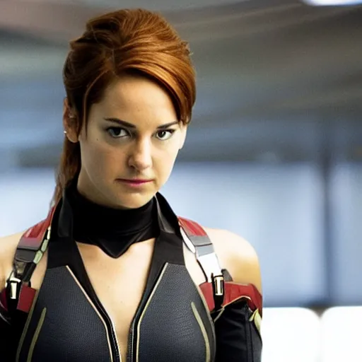 Image similar to A still of Shailene Woodley as Black Widow in Iron Man 2 (2010), close-up