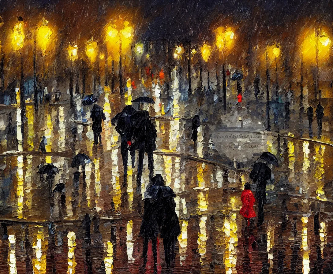 Image similar to a couple walking in the park, oil painting, night time, new york city, rain, wet walkway, park bench, street lights, soft tones