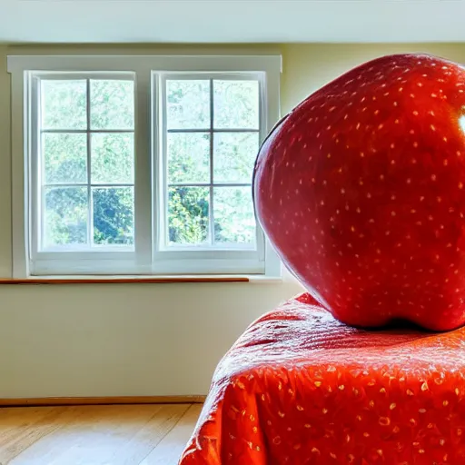 Prompt: a giant apple over a bed in a 70's bedroom, soft light