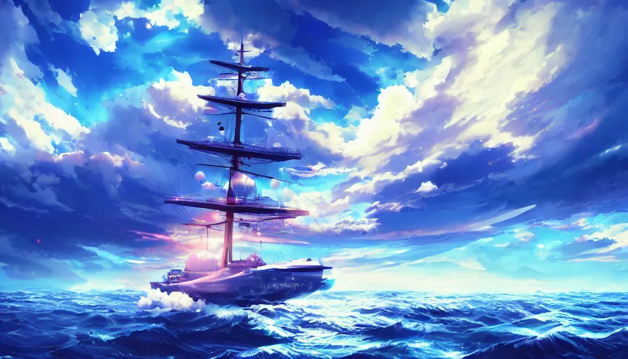 Image similar to one piece ship sailing, dynamic blue sky, storm sky, sun sunset, with blue light piercing through clouds, makoto shinkai, royal blue colors, lighting refraction, volumetric lighting, pixiv art, highly detailed, anime art, symmetrical, wlop, anime art