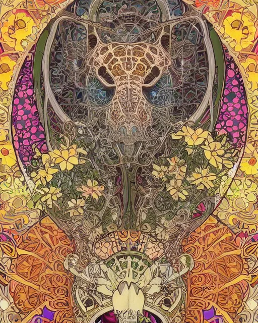 Prompt: Tiger skull art surrounded by varities of flowers, cell shading, voronoi, fibonacci sequence, sacred geometry by Alphonse Mucha, Moebius, hiroshi yoshida, Art Nouveau, colorful, ultradetailed, vivid colour, 3d