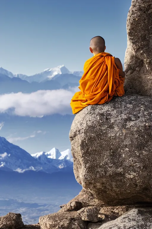 Prompt: A monk with his back to the camera sits beside a rock on a distant top of the mountain, looking at the snowy Himalayas in the distance, yellow clothes,faith,piety,4k, realistic,photography,landscape,high contrast,ISO100,300mm,trending on artstation.