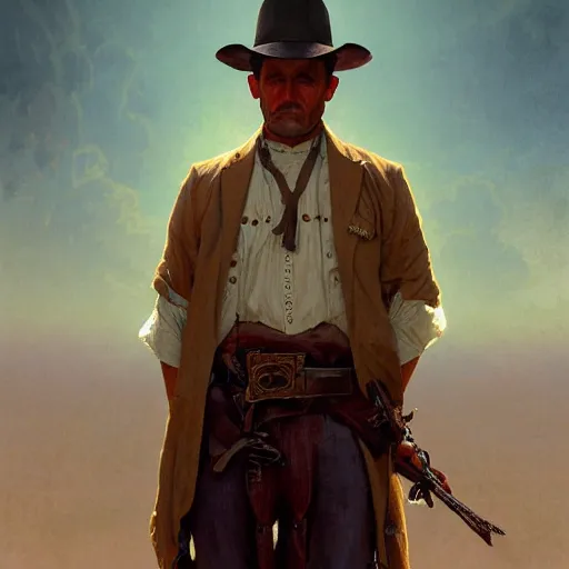 Image similar to clean shaven, tan, middle - aged christian priest with dark hair in wild west, gorgeous, beautiful, intricate, highly detailed, digital painting, artstation, oppressive lighting, concept art, sharp focus, illustration, art by greg rutkowski and alphonse mucha