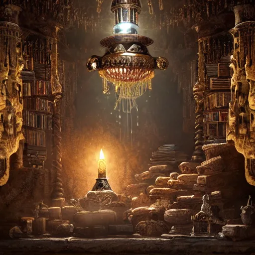 Image similar to !dream epic view of an ancient dark byzantine interior, ornate oil lamp on a pile of crystals, books covered in jewels, ornate, surrounded by strange statues and treasure, full of sand and dust, hyper real, Indiana Jones, Tomb Raider, trending on artstation, concept art, cinematic, jewels, by Greg Rutkowski