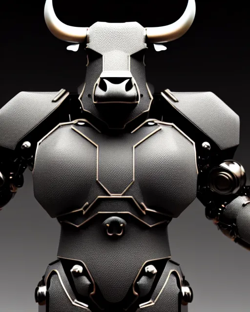 Image similar to a full body shot of an imposing cyborg bull modeled after a bull looking into the camera, contrast lighting, black skin!!!, intricate pattern, hard rubber chest, highly detailed, android, cyborg, full body shot, intricate, 3 d, symmetrical, octane render, fantasy, highly detailed, digital art, artstation, strong bokeh, black face