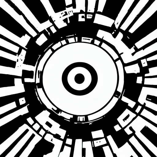 Image similar to corporate logo of an eye, black & white, no gradient ( ( ( ( ( monolithic, capitalism, structure, dark, muted, ominous, rigid, geometrical, minimalist ) ) ) ) )