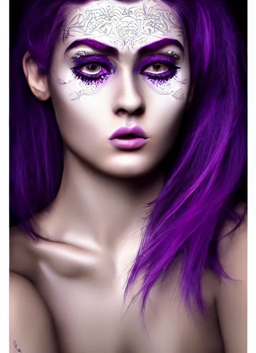 Image similar to photorealistic 3 0 0 0 cyclopes beautiful female with purple hair one eye portrait photography feroflex photorealistic studio lighting ektachrome detailed intricate face details, ultradetails, beautiful face, realistic shaded perfect face, extremely fine details