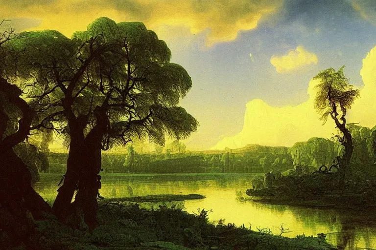 Image similar to painting of a old tree next to a meandering river by alexei savrasov and thomas cole