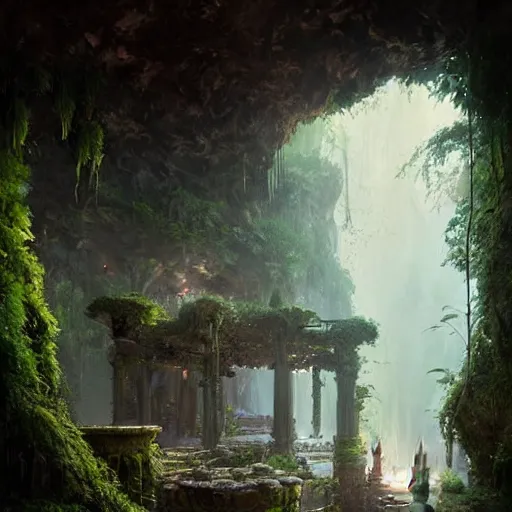 Prompt: bathhouse hidden in a cave, natural light, lush plants and flowers, elegant, intricate, fantasy, atmospheric lighting, by Greg rutkowski