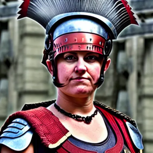 Image similar to full shot photo of a real-life female roman centurion