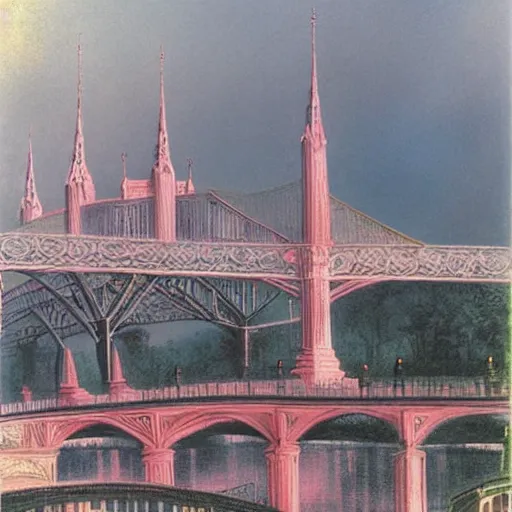 Image similar to A beautiful photograph of a cityscape with tall spires and delicate bridges. astrophotography, pastel red by Thomas Gainsborough, by Helmut Newton harrowing