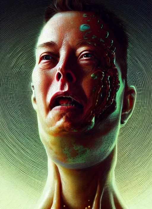 Image similar to elon musk as slimy mollusk, drool, full body, intricate, elegant, highly detailed, digital painting, artstation, concept art, wallpaper, smooth, sharp focus, illustration, art by h. r. giger and artgerm and greg rutkowski and alphonse mucha