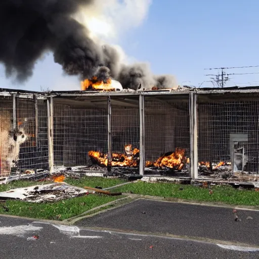 Image similar to a animal adoption center set on fire by an explosion, cats outside of the shelter