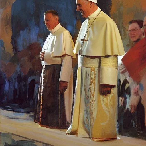 Image similar to king kneeling, pope standing in front of him, detailed by greg manchess, craig mullins, bernie fuchs, walter everett