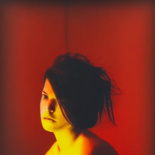Image similar to a photo of a young woman. moody and melanchonic. red, yellow
