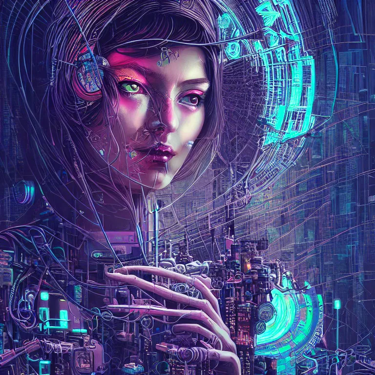 Image similar to dreamy cyberpunk girl, abstract smoke neon, digital nodes, computer network, beautiful woman, detailed acrylic, grunge, intricate complexity, by dan mumford and by alberto giacometti, arthur rackham