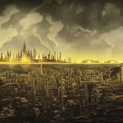 Image similar to city by lake, carcosa, eldritch, white sky, black stars, king in yellow, matte painting