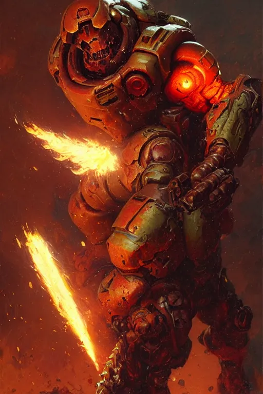 Prompt: doom marine fighting a can of baked beans portrait dnd, painting by gaston bussiere, craig mullins, greg rutkowski, yoji shinkawa