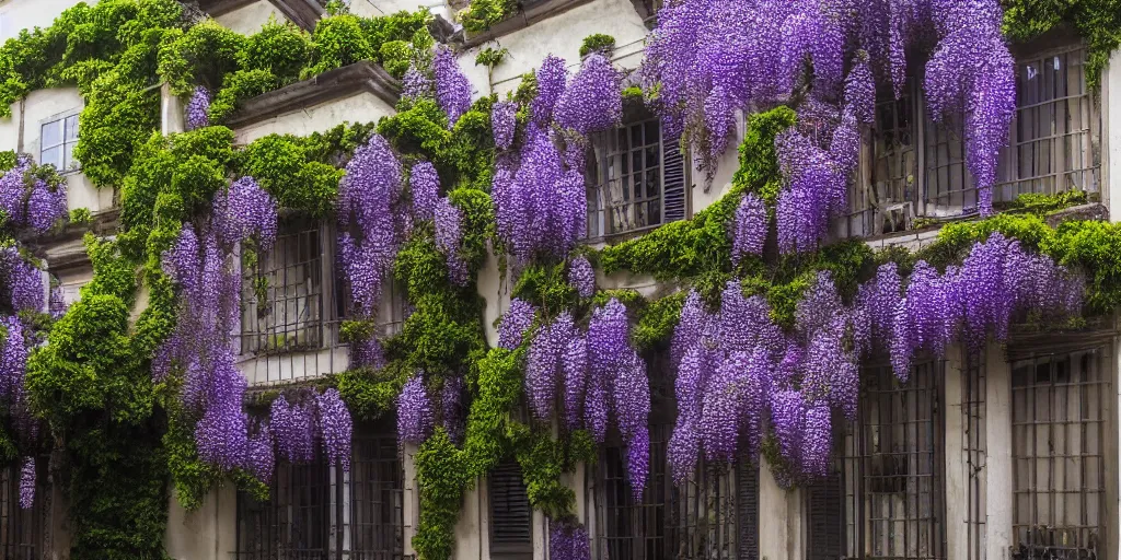 Image similar to photo of a house with wisteria flowers, wallpaper, arhitectural shot, national geographic, award arhitectural photography, professional arhitectural photography, sunny, day time, beautiful, warm light, fernando guerra, tekla evelina severin, karen vikke