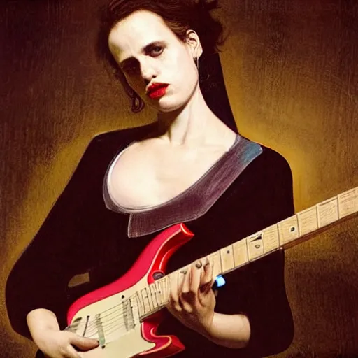 Prompt: Anna Calvi playing electric guitar by Caravaggio and Gottfried Helnwein, masterpiece
