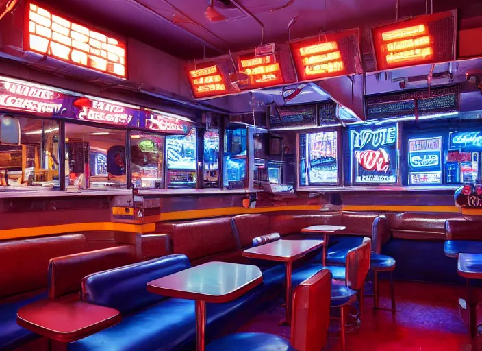 Prompt: interior of an american diner in arkansas, cyberpunk style, hyperrealistic and beautiful painting, 8 k resolution, by hugh ferris and john smith, polished, fine detail, intricate, blue color scheme, smooth, octane, concept art, trending on artstation