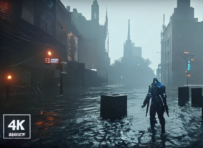 Image similar to 4 k 6 0 fps in - game destiny 2 gameplay showcase, dark, misty, foggy, flooded, rainy new york city swamp street in destiny 2, liminal, dark, dystopian, large creatures in distance, abandoned, highly detailed