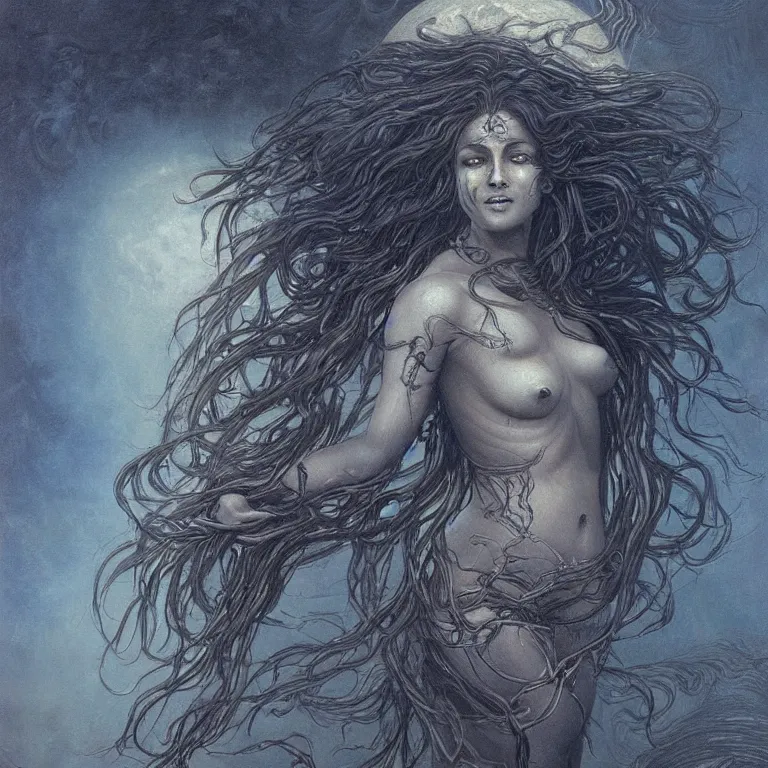 Image similar to beautiful biomechanical moon goddess, flowing hair, intense stare, sweet sarcastic smile, dark blue skin, concept art, realistic oil painting by gustave dore,