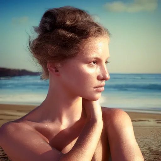 Prompt: portrait of a beautiful a young cornish woman, beach pic, depth of field, zeiss lens, detailed, symmetrical, centered, fashion photoshoot, by annie leibovitz and steve mccurry, david lazar, jimmy nelsson, breathtaking, 8 k resolution, extremely detailed, beautiful, establishing shot, artistic, hyperrealistic, beautiful face, octane render