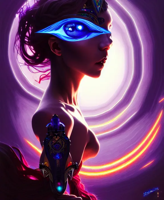 Image similar to a whirlwind of souls rushing inside the metaverse, half body, glowin eyes, tiara with sapphire, pharaoh, android, cyberpunk, d & d, fantasy, intricate, elegant, highly detailed, colorful, vivid color, digital painting, artstation, concept art, art by artgerm and greg rutkowski and alphonse mucha and ruan jia