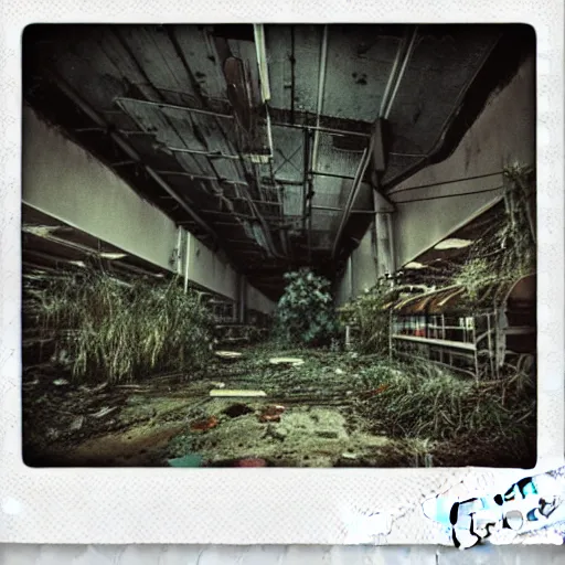 Prompt: flooded abandoned overgrown supermarket, highly detailed, ominous, dusk, overcast, photorealistic, polaroid