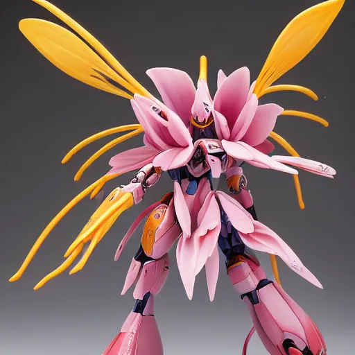 Image similar to futuristic nymphaea mecha waterlily upper body, beefy arms, flower claws, sepals forming helmet, floral details, nymphaea, 8 k hd resolution, barbatos gundam with floral inlay, bandai box art, star wars, makoto kobayashi, frank gehry, raymond swanland