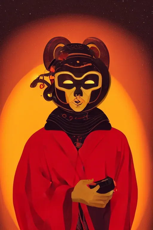 Image similar to portrait of a man with a mask on his face in the form of a spiral in a golden kimono, full face, against the background of a bright red moon, sad motif, ilya kuvshinov, dramatic, soft colors, futuristic, 8 k