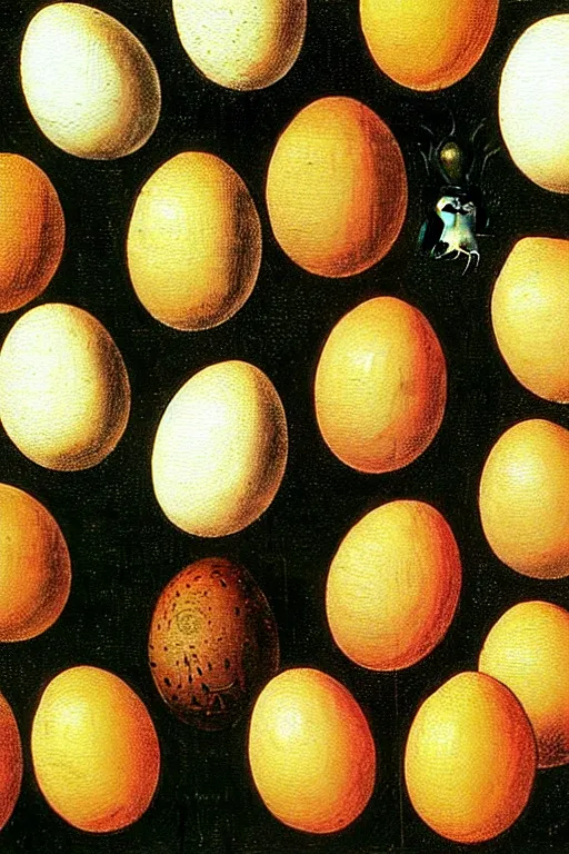 Prompt: hieronymus bosch painting of egg faces