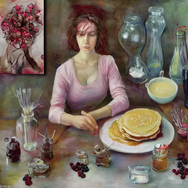 Prompt: sensual, a female art student in her kitchen, raw pork meat, berry juice drips, pancakes, spilt coffee, honey, painting of a woman, berries, white flowers in scientific glassware, art supplies, white candles dripping wax, neo - impressionist surrealism, acrylic and spray paint and oilstick on canvas