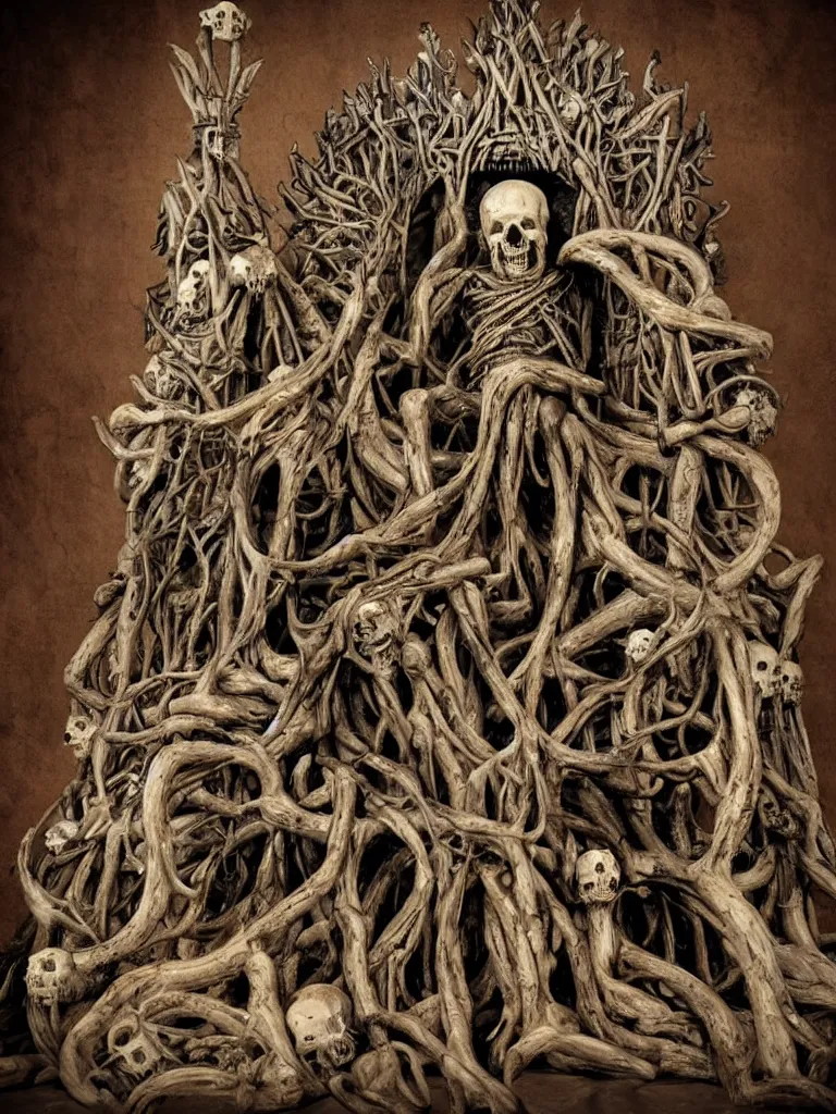 Image similar to elder wooden god sitting in a throne made of skulls, with sprouts as it ´ s crown