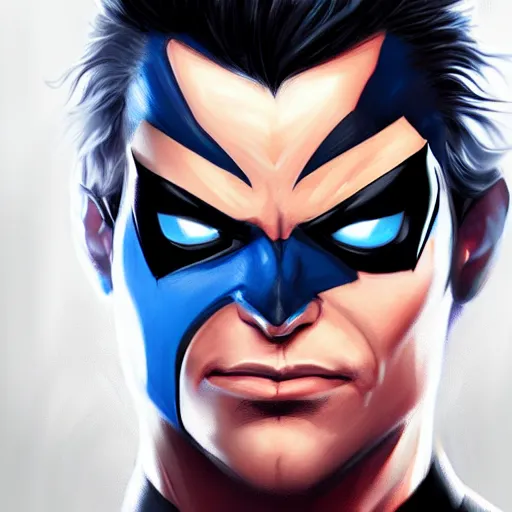 Image similar to characters portrait of Nightwing mixed with Spiderman by ArtGerm and Tom Bagshaw, merged character, 4k, highly detailed, cinematic lighting