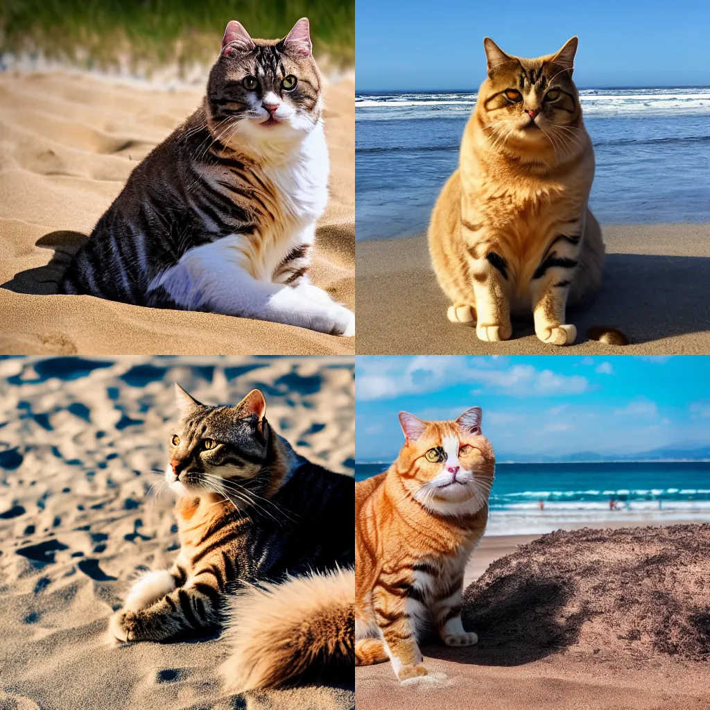 Prompt: An oversized cat taking a sun bath at the beach, 4k, award winning