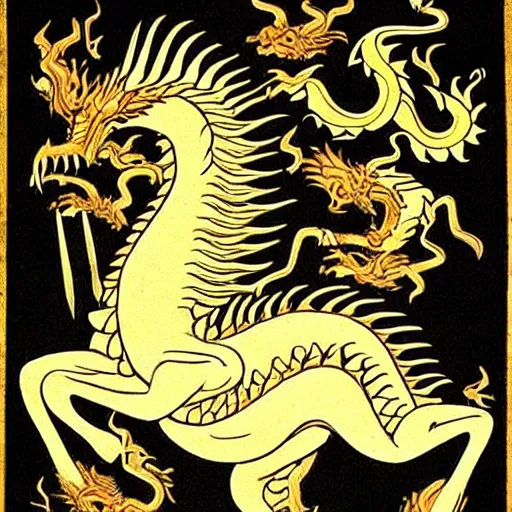 Prompt: The general footing brought to us by Homer is that a true dragon is white with four spiny legs, a fork-tongued crest, an underslung jaw, golden eyes and breath that burns.That was only for more civilized liegemen; mere boots for us. Think of them as solely oceangoing horses enlarged. - n 9