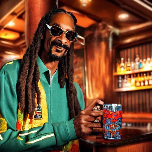 Image similar to a closeup photorealistic photograph of happy snoop dogg at trader vic's bar holding a trader vic's tiki mug that features the face of snoop dogg. brightly lit scene. this 4 k hd image is trending on artstation, featured on behance, well - rendered, extra crisp, features intricate detail, epic composition and the style of unreal engine.