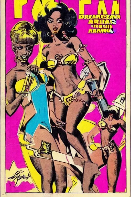 Image similar to !dream african bikini girls drawn by Jack Kirby, vintage 70s comic cover