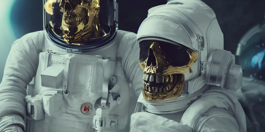 Prompt: ornate skull in astronaut suit with gold linens, cinematic lighting, dramatic, octane render, long lens, depth of field, bokeh, anamorphic lens flare, 8k, hyper detailed