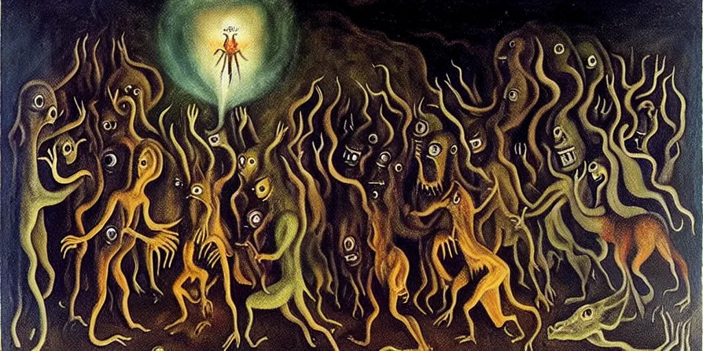 Image similar to repressed emotion creatures and monsters at the mouth of hell, dramatic lighting glow from giant fire, attempting to escape and start a revolution, in a dark surreal painting by leonora carrington