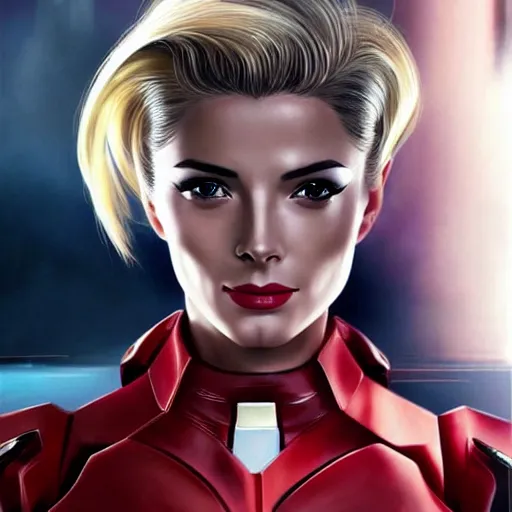 Image similar to A combination of Grace Kelly's and Ada Wong's and Ashley Greene's appearances with blonde hair wearing Interceptor's armor from Anthem, high tech, action shot, angular, full body portrait, futuristic, dramatic, fantasy, intricate, elegant, highly detailed, artstation, matte, sharp focus, 8K, art by Artgerm and Greg Rutkowski and Alphonse Mucha