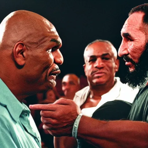 Image similar to cinematic shot of mike tyson and fidel castro shaking hands in a cuban resort, 8 k, very detailed, very intricate, detailed faces,