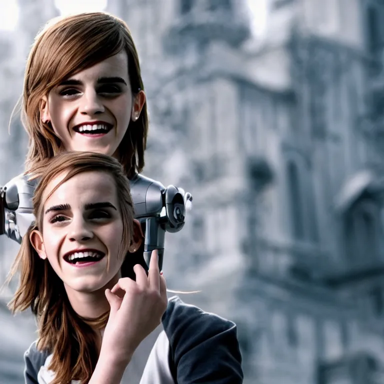 Image similar to Joyful!!! smiling Emma Watson wearing cyborg prosthetic. From Her (2013). Clear Hands. Clear body. Light Clothes. Hogwarts as Background. Cinematic. Professional Photo. UHD. 8k. Clear Face.