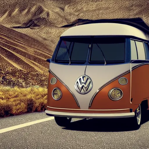 Prompt: a man wearing a cowboy hat standing by a volkswagen camper on a paved desert highway, digital painting, masterpiece, digital art, concept art, octane render, unreal engine 5, trending on deviantart, highly detailed, high quality, 4 k, realistic and detailed face, cinematic, high coherence, soft lighting, path traced, elegant,