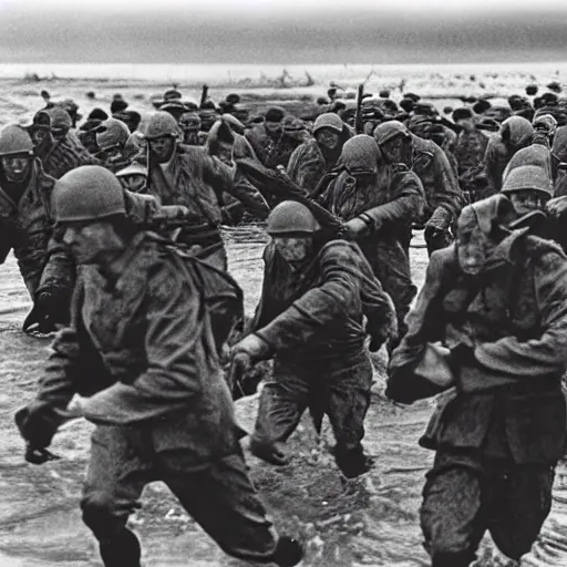 Image similar to the running soldiers in the sea in the d - day, by robert capa,