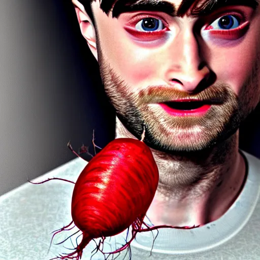 Image similar to hybrid of daniel radcliffe and a!! radish!!, film still,!! red skin!!,!! leaf ears!!, seeds, 8 k, trending on artstation