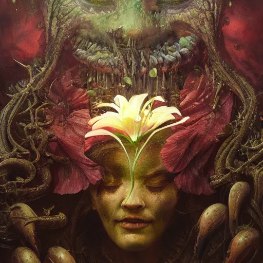 Prompt: a lily | highly detailed oil painting, hyperrealistic, very intrincate | cinematic lighting, award - winning | by rachel ruysch, giger, beksinski and bocklin | by austin osman spare and william blake, trending on artstation, cgsociety, official art, octane.
