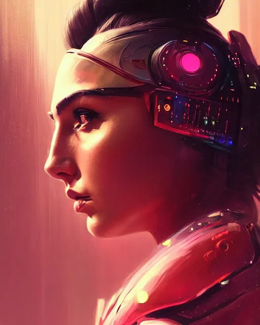 Prompt: detailed side profile portrait Gal Gadot, cyberpunk futuristic neon, reflective puffy coat, decorated with traditional Japanese ornaments by Ismail inceoglu dragan bibin hans thoma greg rutkowski Alexandros Pyromallis Nekro Rene Maritte Illustrated, Perfect face, fine details, realistic shaded, fine-face, pretty face